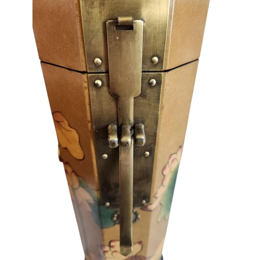 Asian Wood Tower Oriental Box Brass Fish w/ Key MCM Vintage Handpainted Flowers‎
